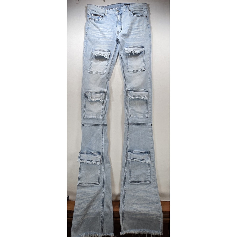 Rockstar Original Super Stacked Flare Jeans Light Wash Cargo Denim Mens 36